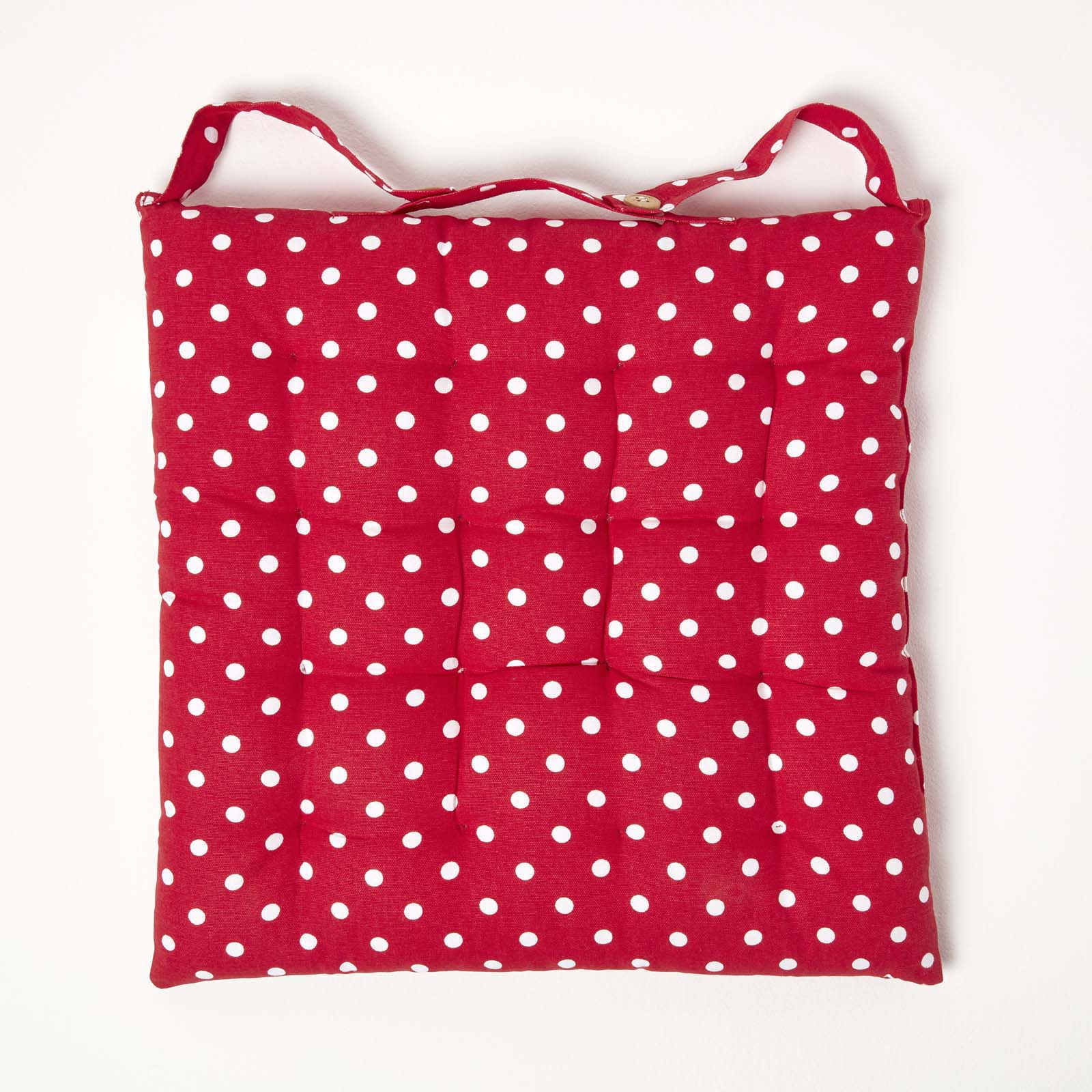 Red Polka Dot Seat Pad With Button Straps 100% Cotton, 40 X 40 Cm | Set-of-1 | Red