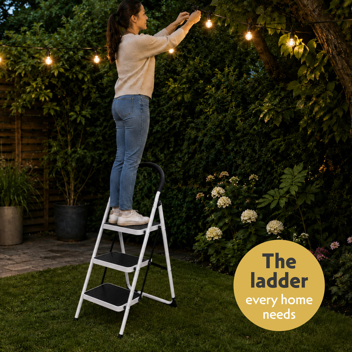 Step Ladder Premium Heavy-duty Steel Folding Step Stool 150kg Capacity | 3 Step | White