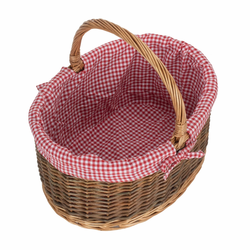 Red Checked Lined Country Oval Wicker Shopping Basket | Large