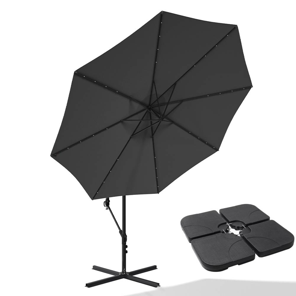 3 M Banana Patio Umbrella Cantilever Garden Parasol With Solar-powered 32 Led Lights, Crank For Opening Closing With Cross Base & Large Fillable Base | One Size | Dark Grey