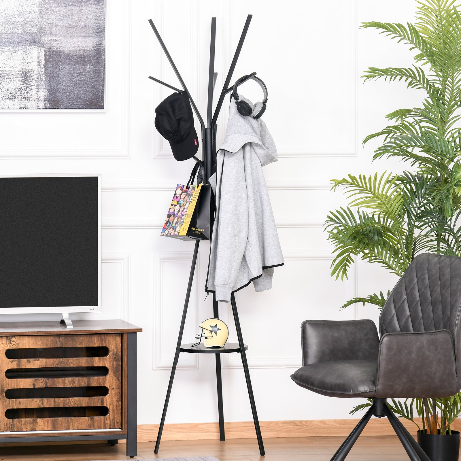 180cm Free Standing Coat Rack Metal Shelf Holder Stand | One Size | Black