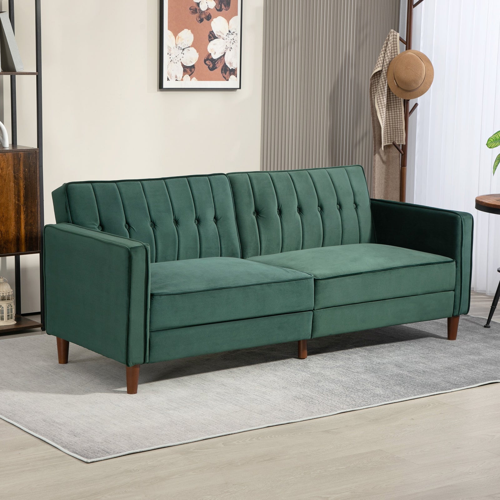 Convertible Sofa Futon Velvet Touch Tufted Couch Sofa Bed | One Size | Green