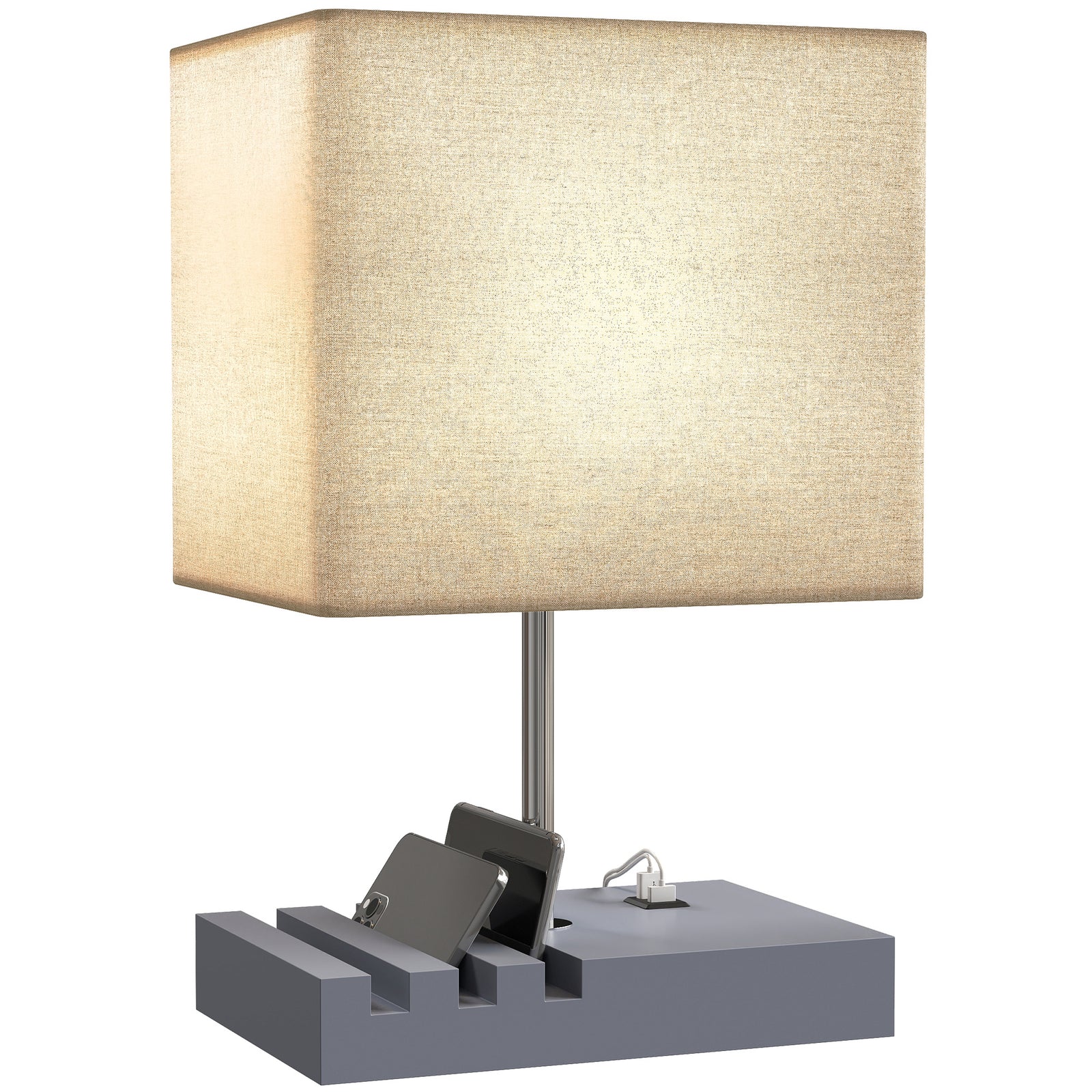 Table Lamp With 3 Slots, Bedside Lamp With Solid Wood Base | Grey