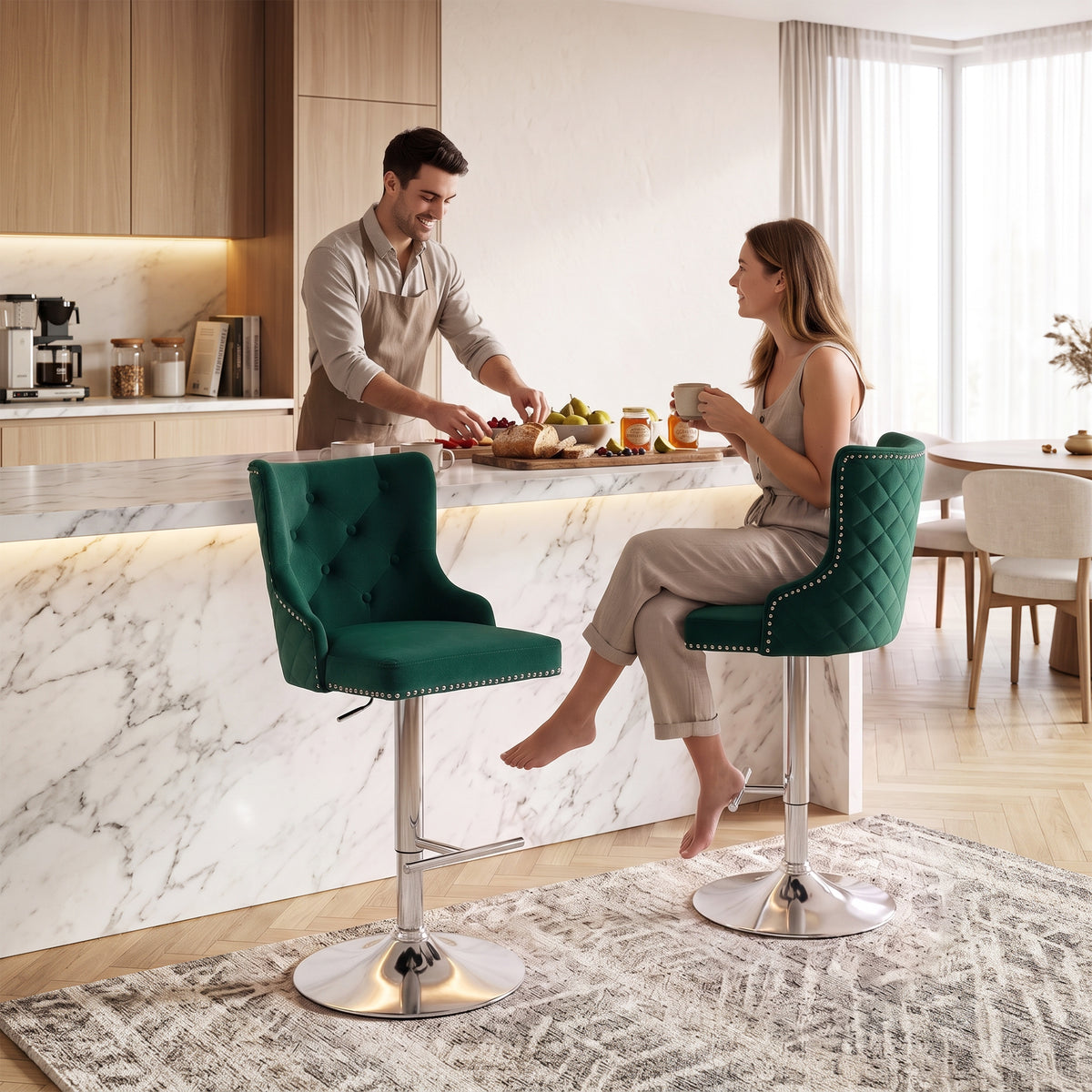 HOMCOM Bar Stools Set Of 2, Swivel Velvet Barstools With Footrest, Green