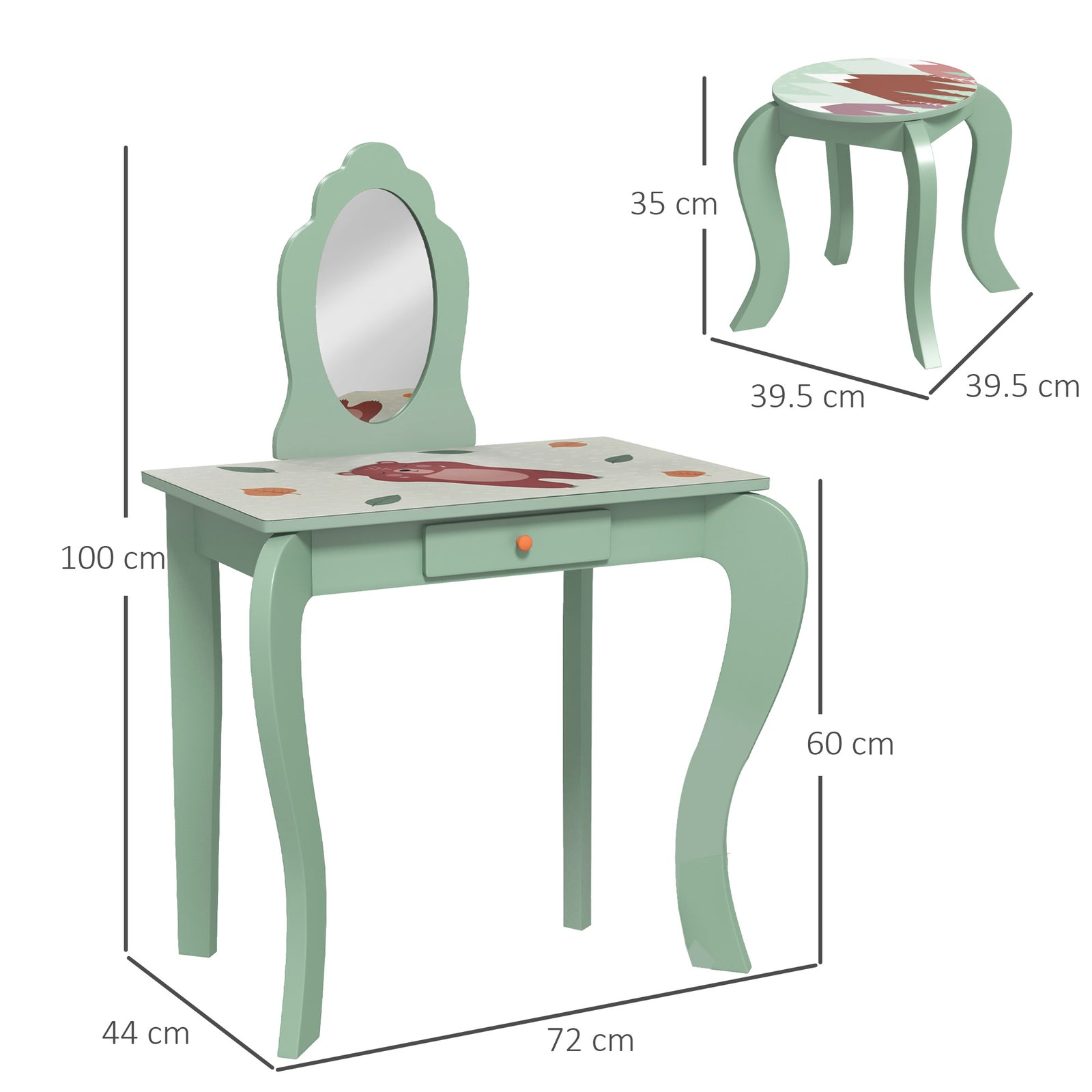 Kids Dressing Table With Mirror, Stool, Drawer, Girls Vanity Table | Green