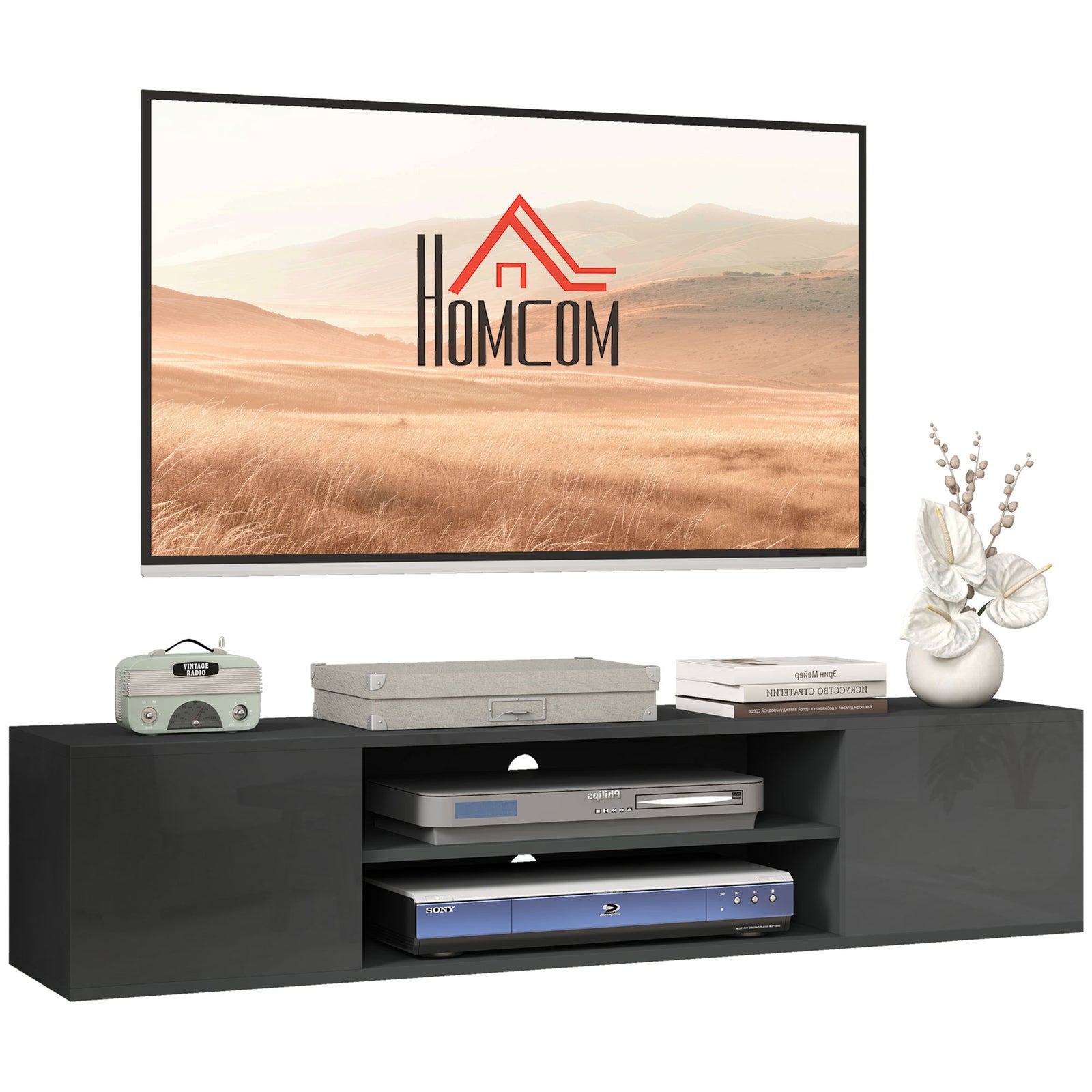 Floating Tv Unit For 60" With Shelves Cabinets | Gray