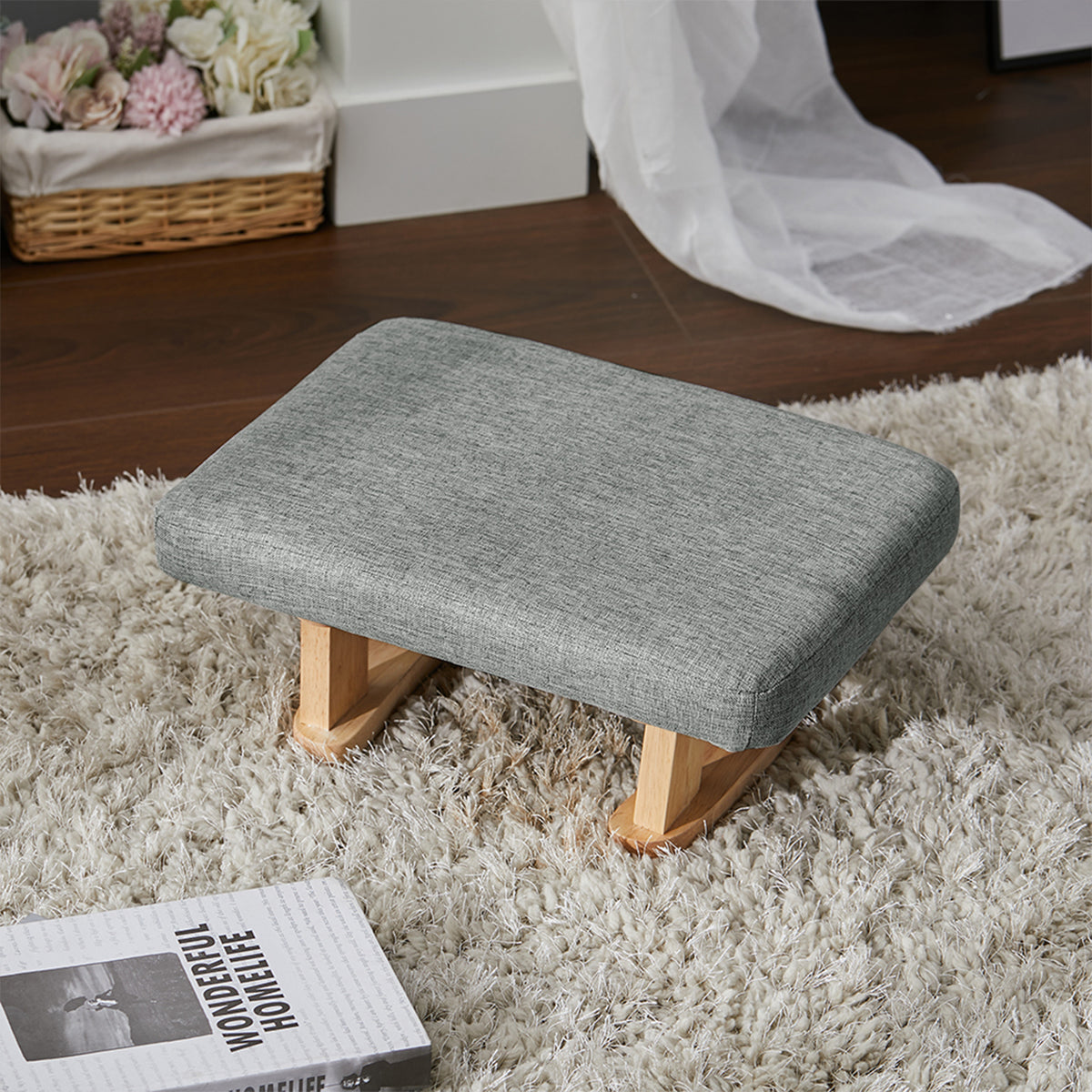 Linen Upholstered Footstool With Wooden Legs | Grey