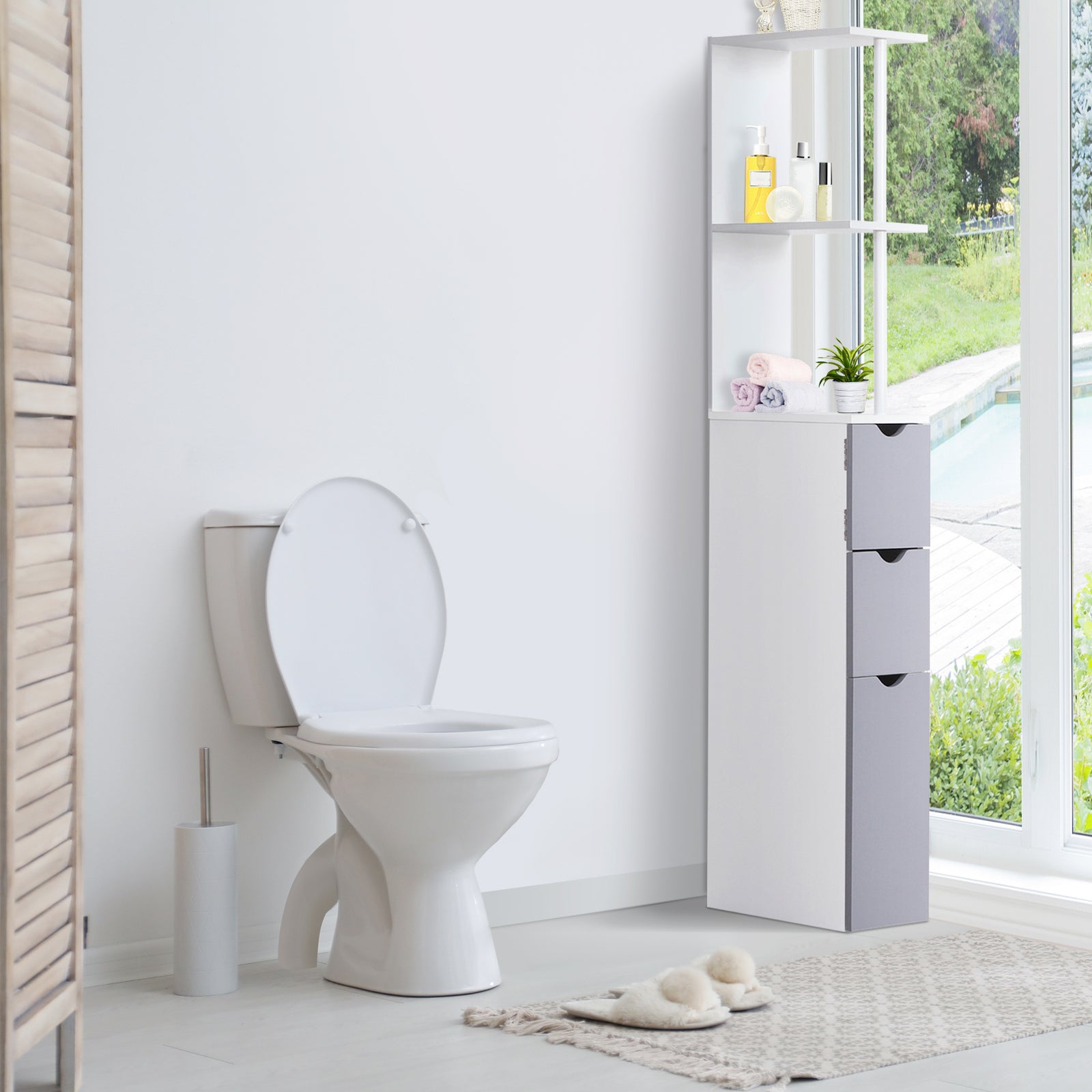 Tall Bathroom Cabinet With Shelf, Drawers | One Size | White