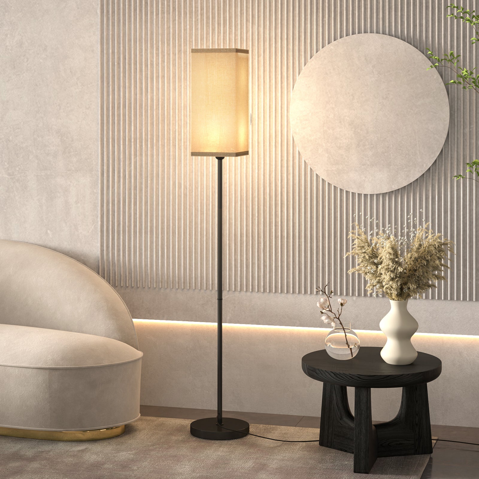 Standing Floor Lamp With Linen Shade, Black