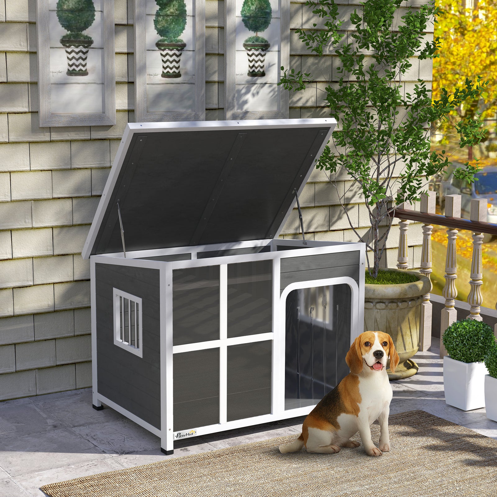 Pawhut Wooden Dog Kennel Outdoor W/ Openable Top | Gray