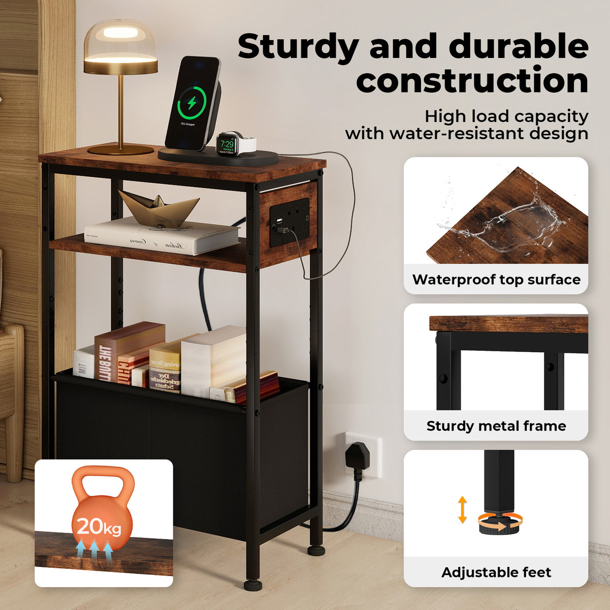 Levede Slim Side Table With Charging Station Storage Narrow End Table Sofa Living Room