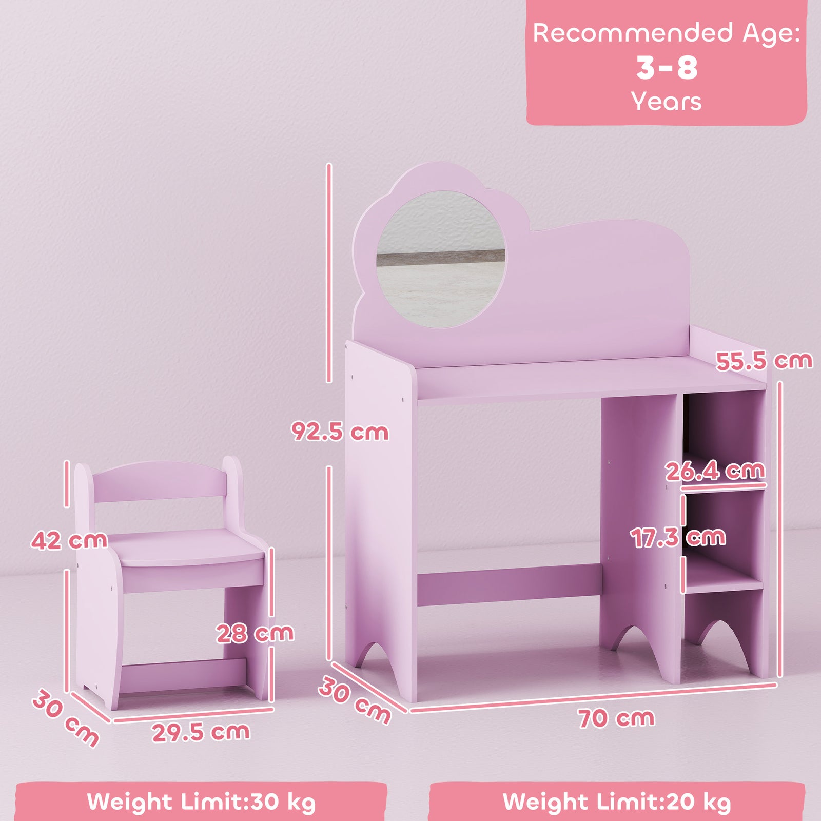Kids Dressing Table With Mirror, Stool, Vanity Table | Purple