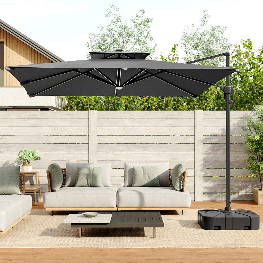 Double-tier 3m Square Solar Led Patio Umbrella Adjustable Height, 360° Rotation With Foot Pedal,cross Base Included & Fillable Base