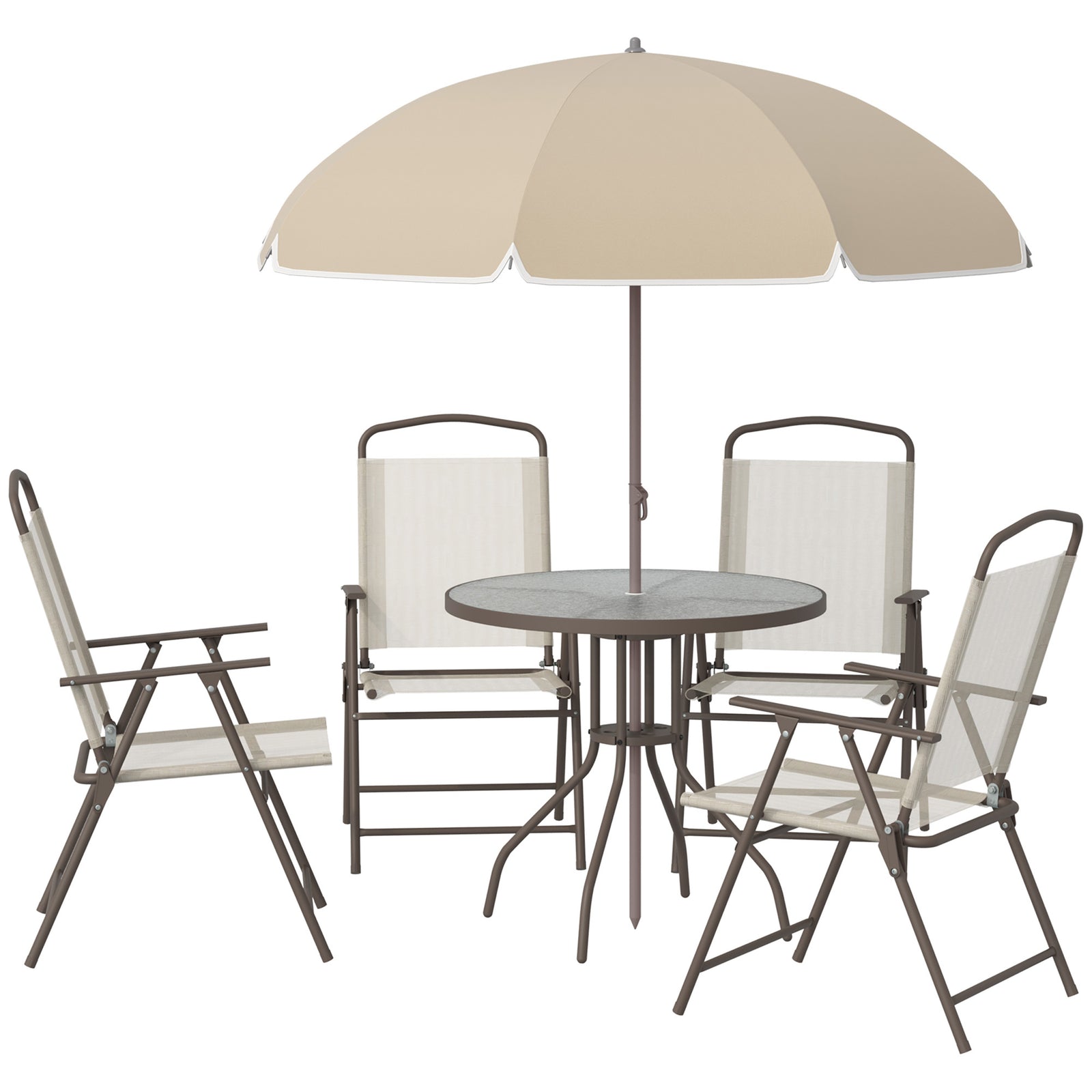 6pc Garden Dining Set Furniture Folding Chairs Table Parasol | Beige