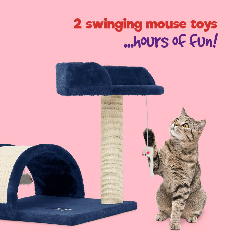 Cat Bed With Sisal Scratch Post Navy Carpeted Pet Resting Bed | One Size | Navy Blue