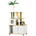 2 In 1 Hidden Litter Box With Green Leaf Cat Tree, Indoor, Oak