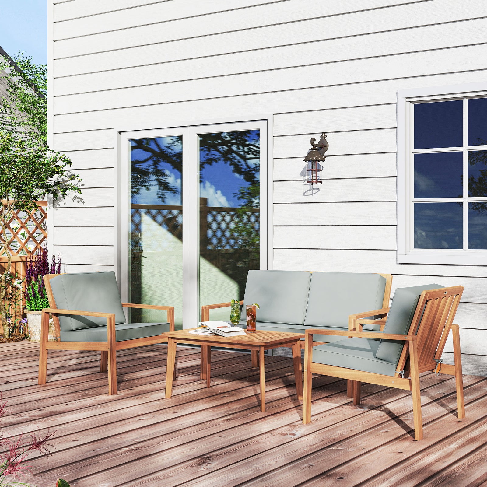 4 Pieces Wooden Garden Furniture Set With Cushions | Natural