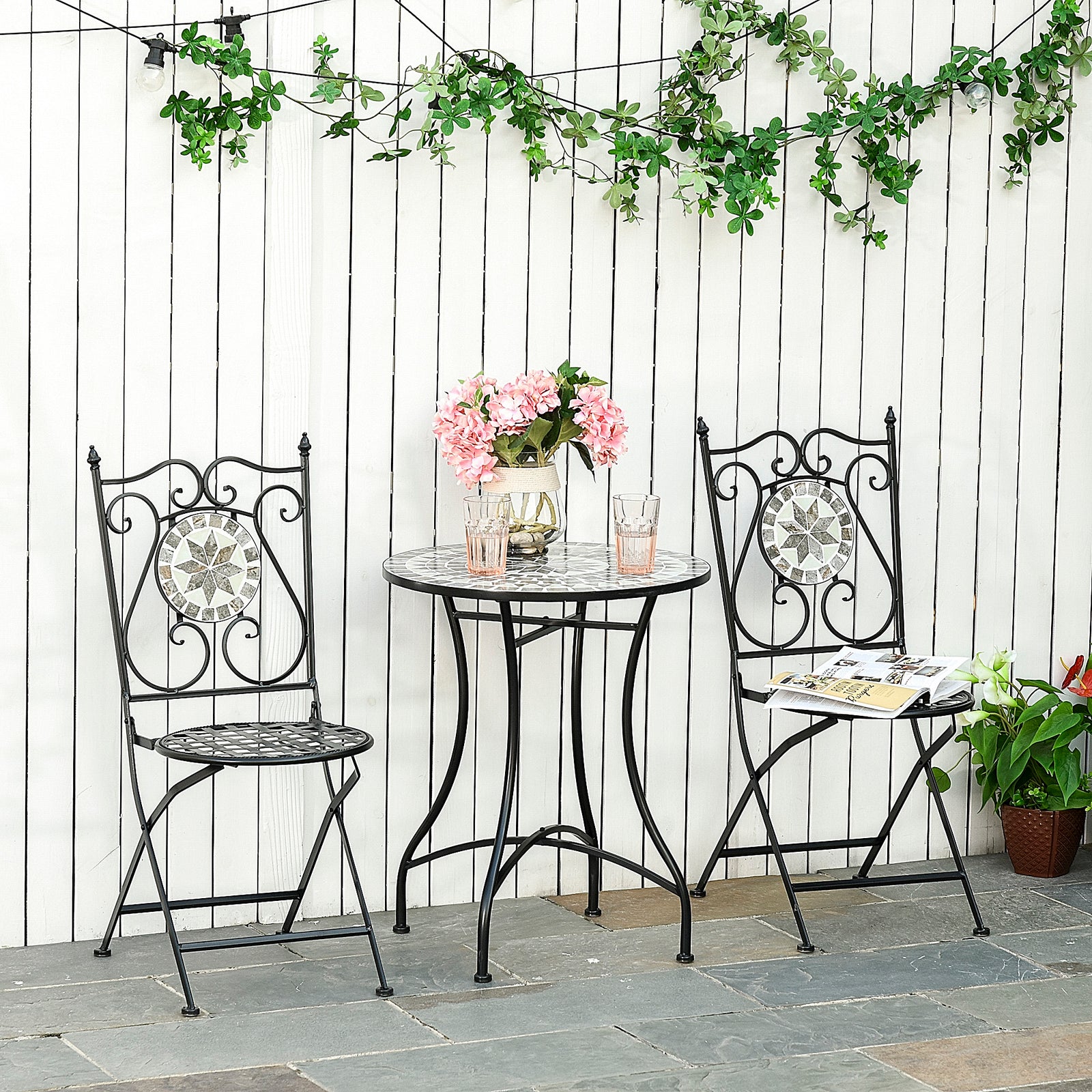 3 Pcs Mosaic Tile Garden Bistro Set Outdoor W/table 2 Chairs