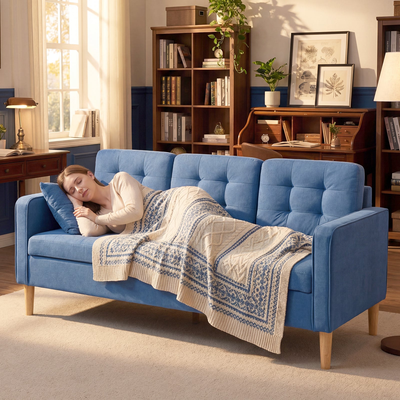 Modern 3 Seater Sofa With Hidden Storage And Rubber Wood Legs | Blue