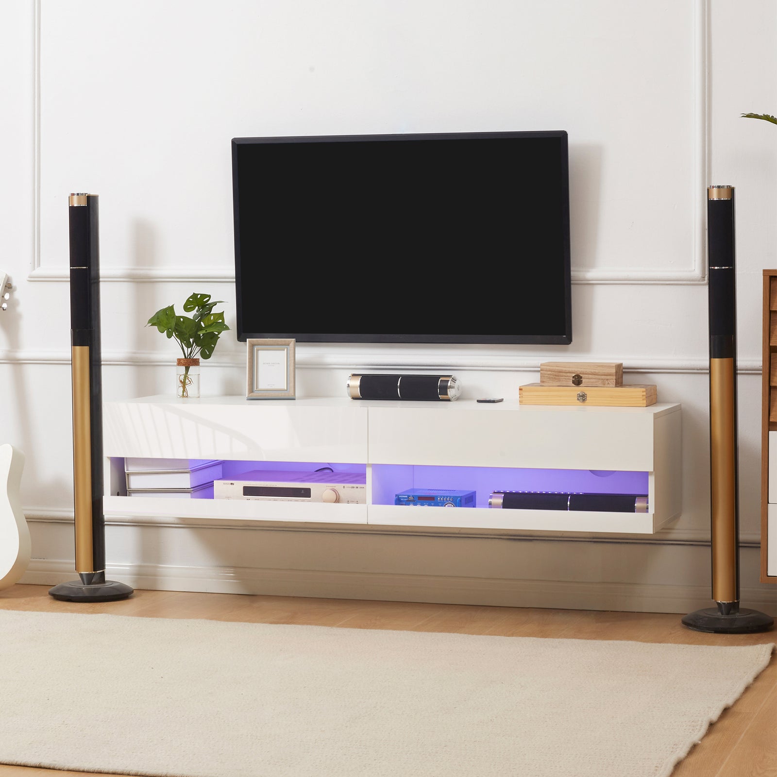 High Gloss Tv Stand Wall Mounted With Led | White