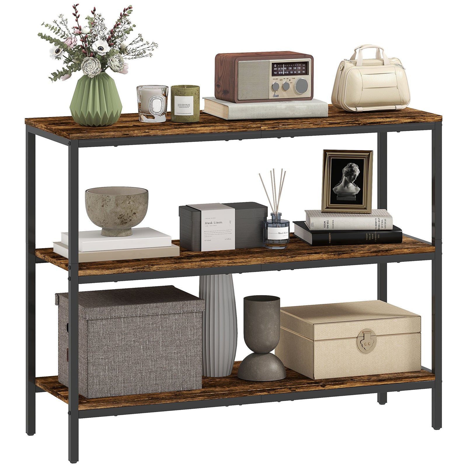 HOMCOM Industrial Console Table With 3-tier Storage Shelves Rustic Brown