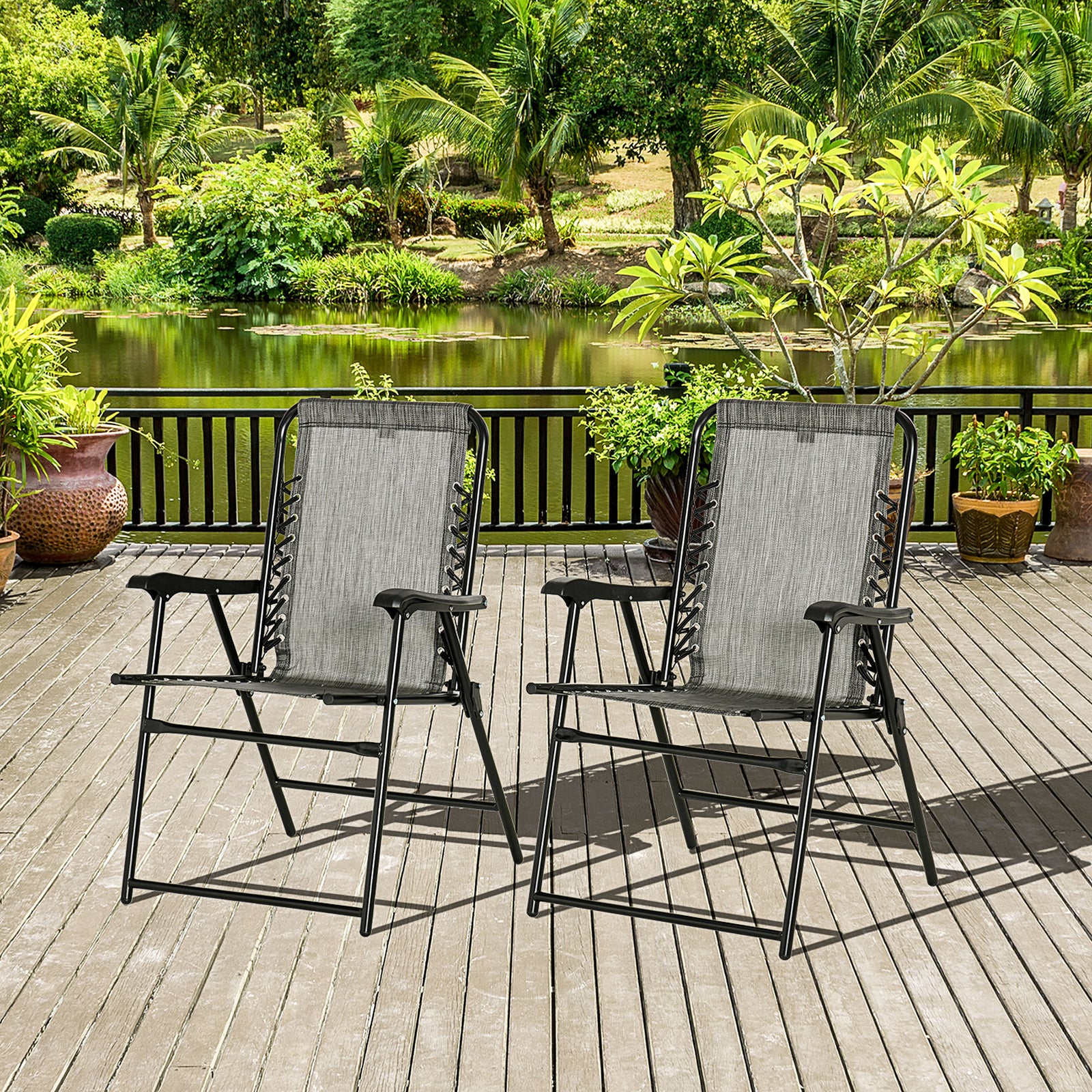 2 Pcs Patio Folding Chair Set, With Armrest, Breathable Mesh | Gray