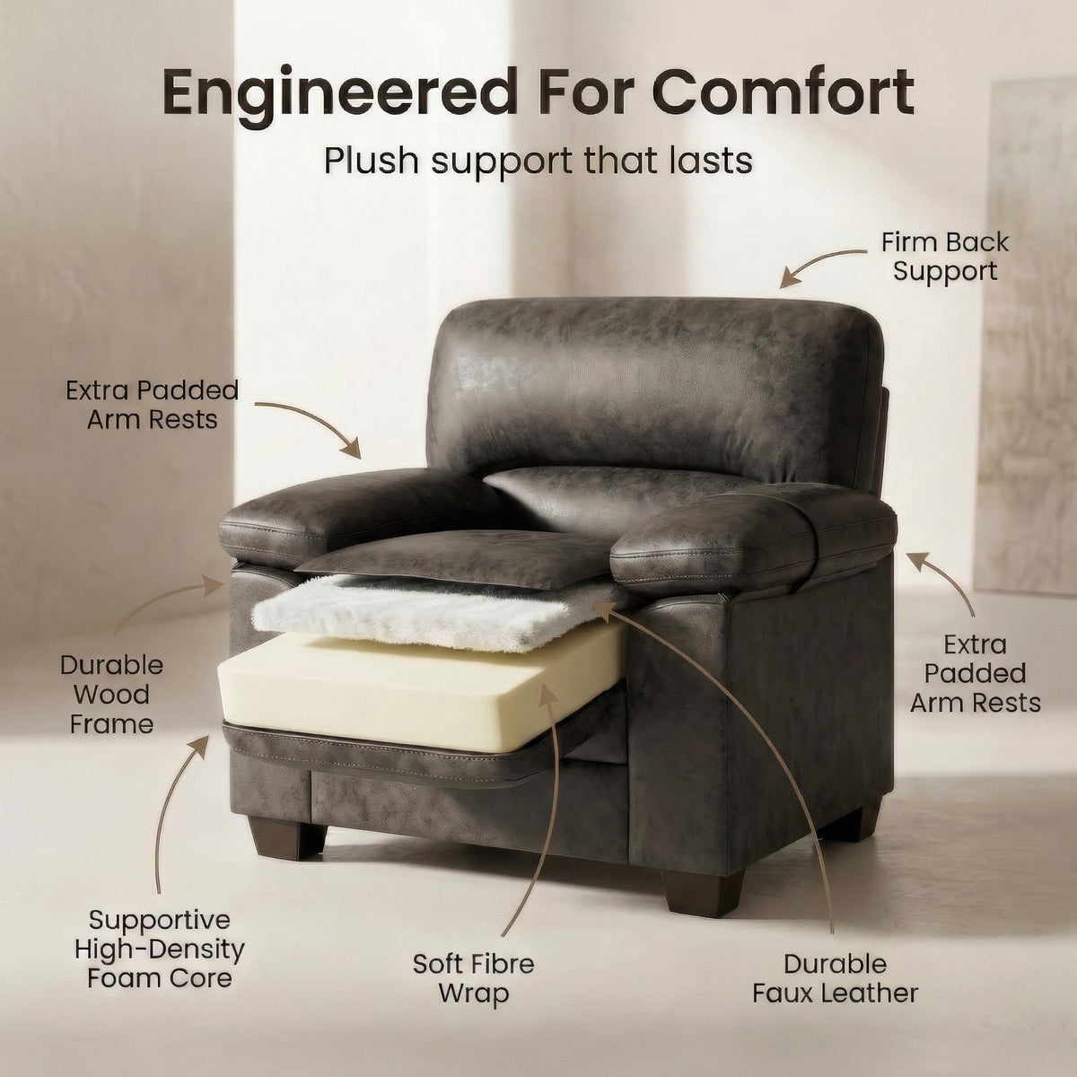 Oxford Faux Leather Sofa 1 Seater | Chocolate
