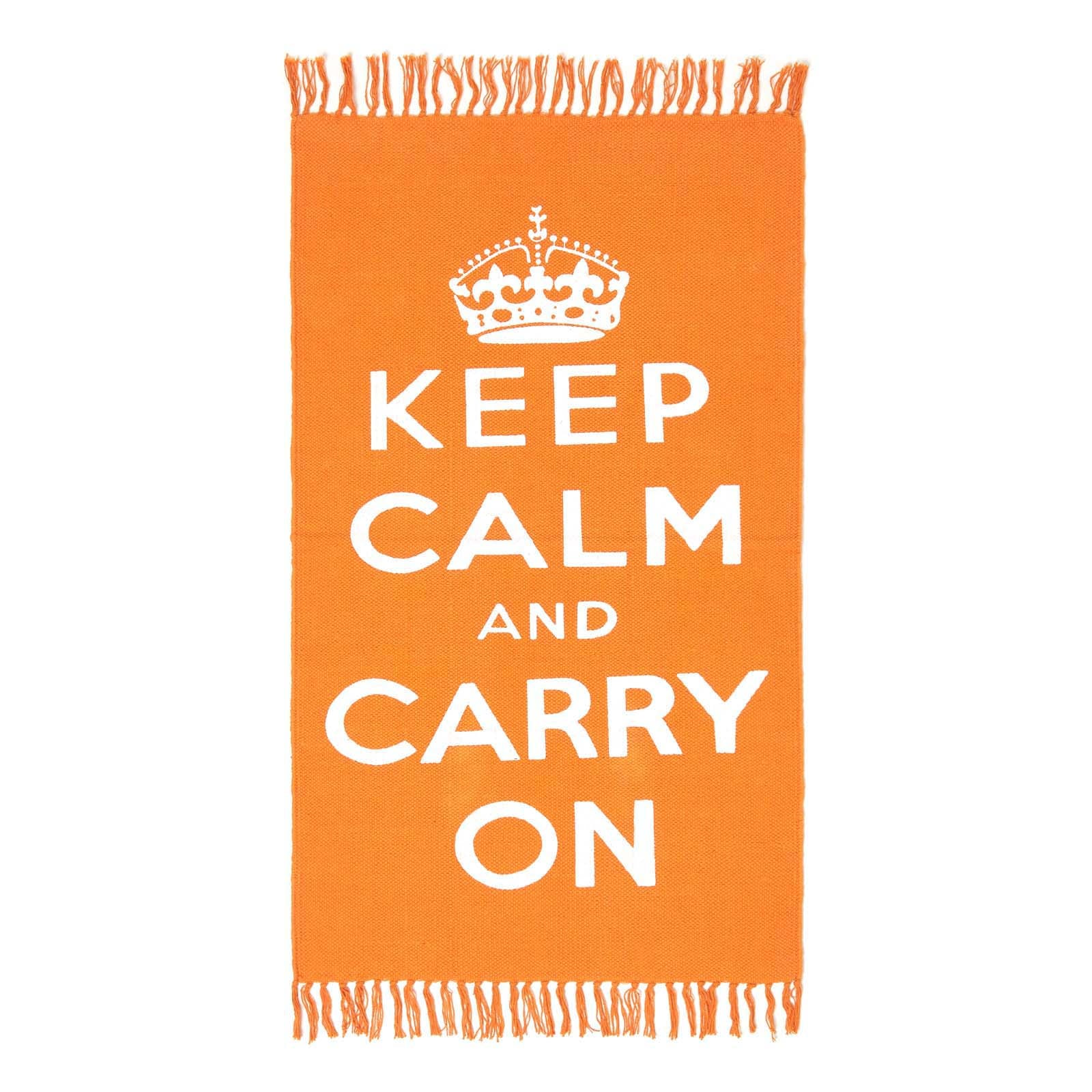 Keep Calm And Carry On Handwoven 100% Cotton Rug | 60cm x 100cm | Orange