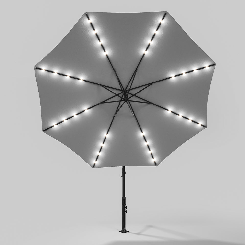 3 M Banana Patio Umbrella Cantilever Garden Parasol With Solar-powered 32 Led Lights, Crank For Opening Closing Without Base | One Size | Light Grey