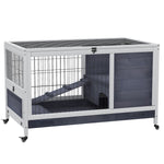 Wood Indoor Rabbit Hutch Elevated 2-floor Guineas Pigs Cage W/ Wheels | Gray