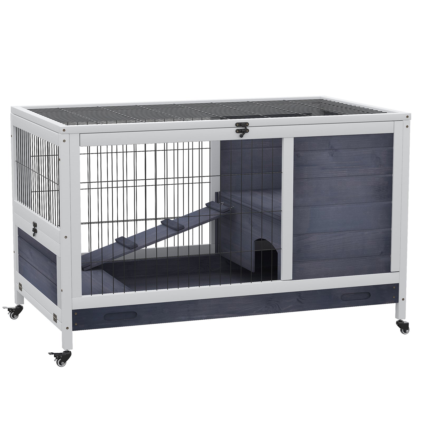Wood Indoor Rabbit Hutch Elevated 2-floor Guineas Pigs Cage W/ Wheels | Gray