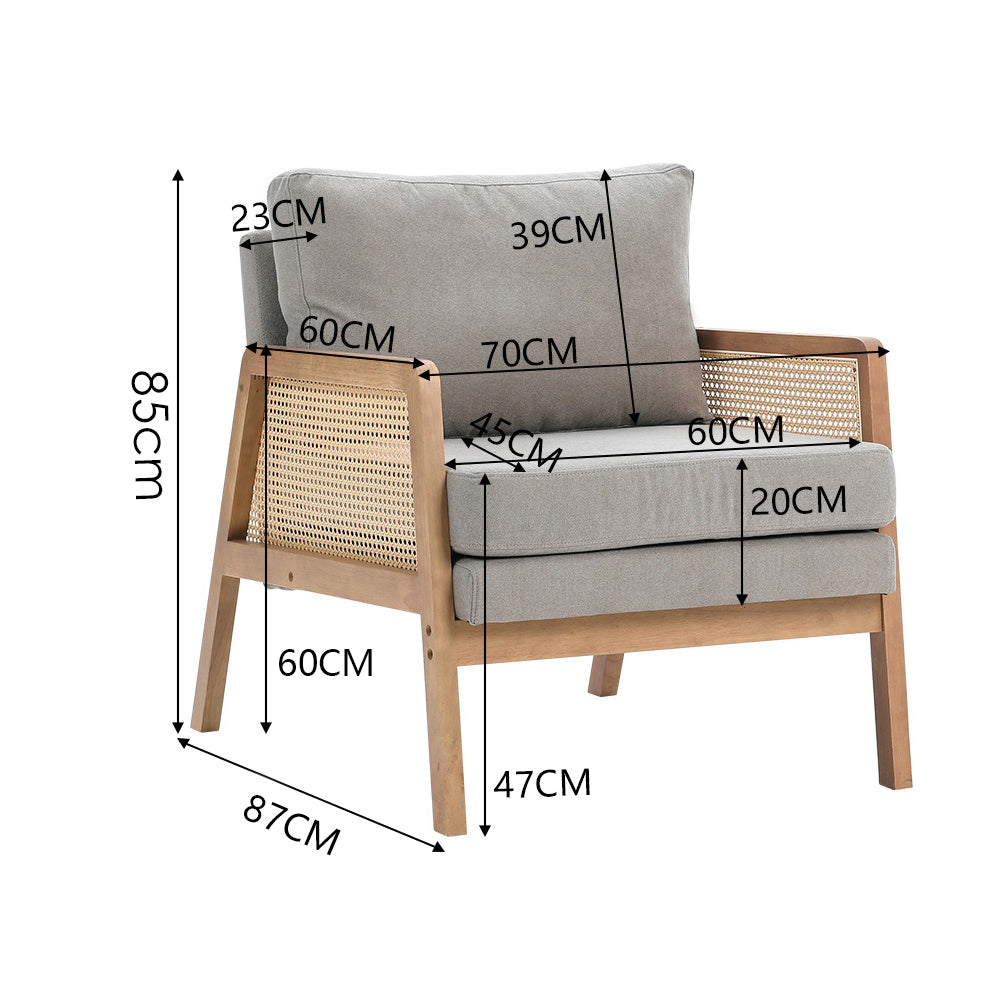 Well-crafted Modern Fabric Armchair With Wooden Frame And Caned Sides, Fluffy Backrest And Thick Cushions | Grey