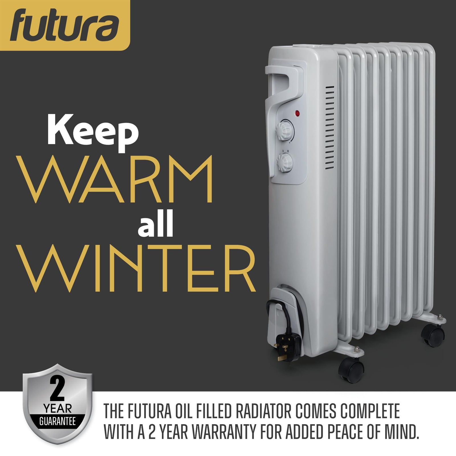 Oil Filled Radiator Portable Electric Room Oil Heater 3 Heat Settings | 2000w | Grey