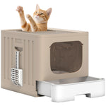 Foldable Cat Litter Box With Lid, Slide-out Drawer | Khaki
