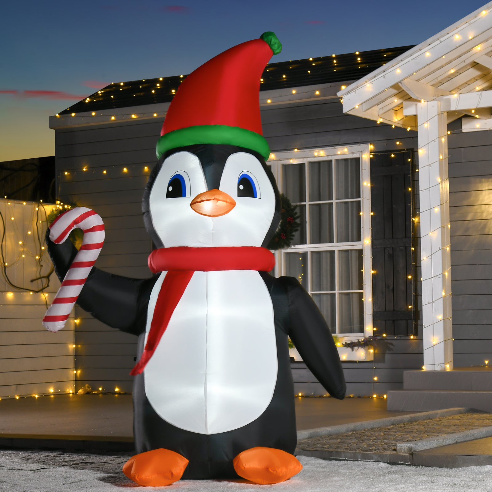 8ft Lighted Inflatable Christmas Penguin With Candy Cane