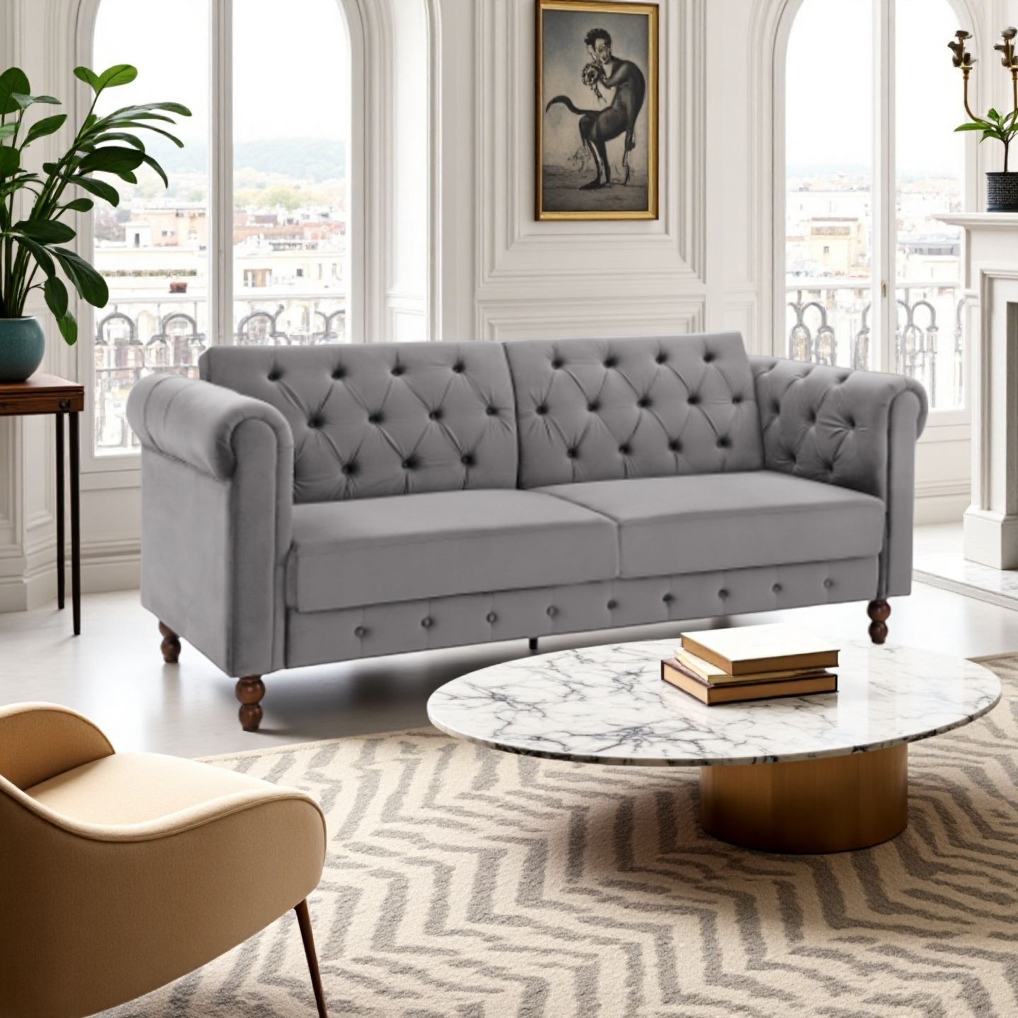 Royal Chesterfield 3 Seat Sofa Bed In Grey Velvet