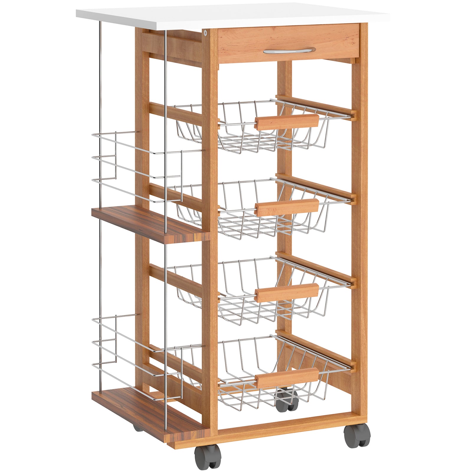 Kitchen Island Trolley W/ 4 Baskets 2 Side Racks Drawer | Brown