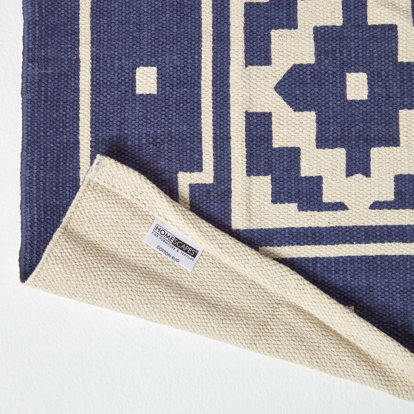 Halmstad Blue And White Scandi Style 100% Cotton Printed Rug | 150cm x 95cm | Navy Blue