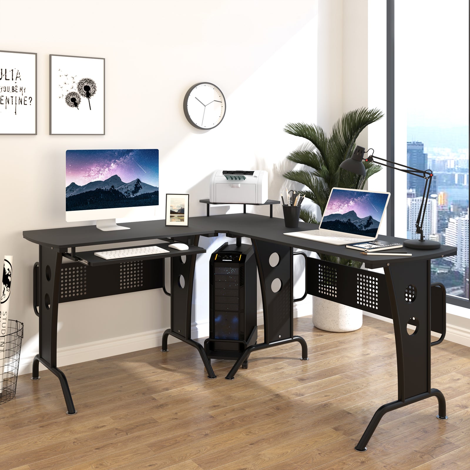 Space-saving Corner Desk, Steel Frame, Cpu Rack