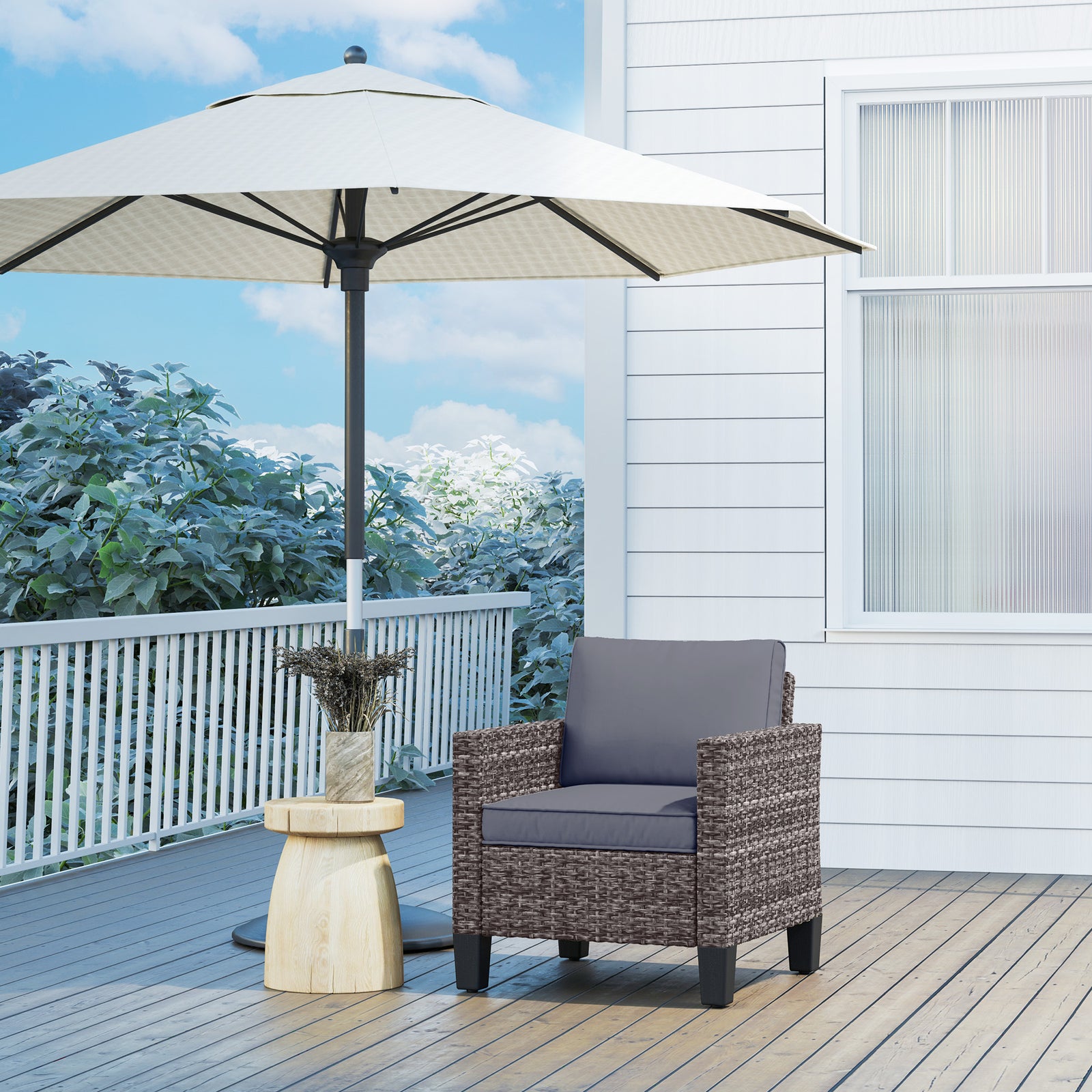 Single Rattan Chair, Garden Armchair W/ Cushions | Dark Gray