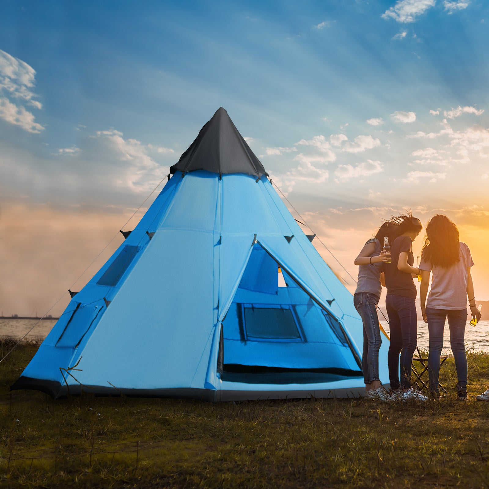 6 Man Tent Metal Poles Water-resistant Walls Windows Door | Blue