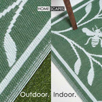 Luxury Outdoor Rug Waterproof Reversible For Garden Patio, Green Floral Bee