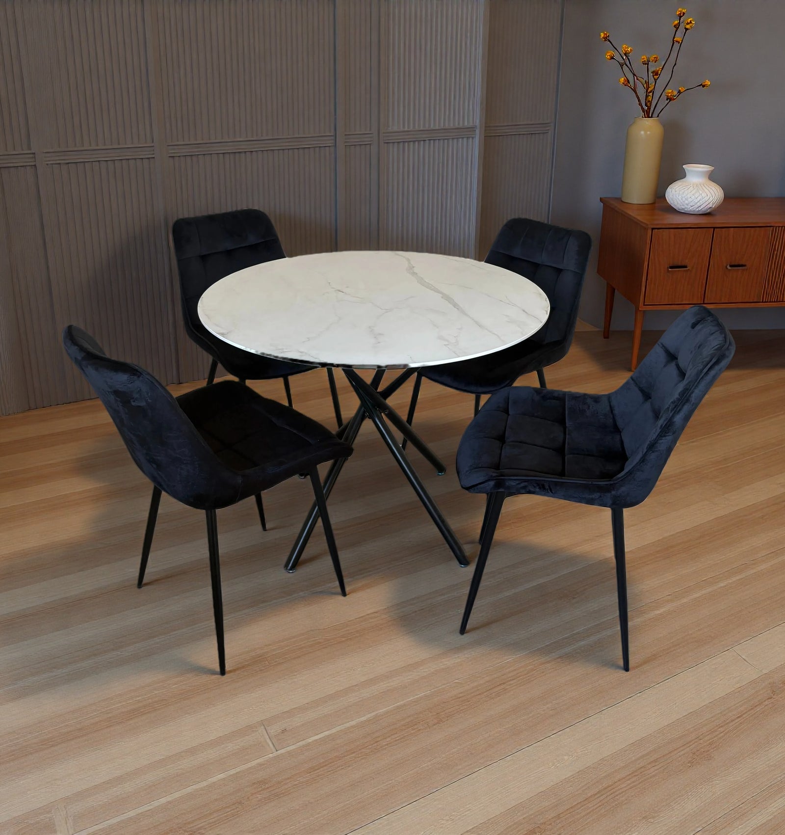 Seattle Dining Table With 4 Erica Velvet Chairs | Black