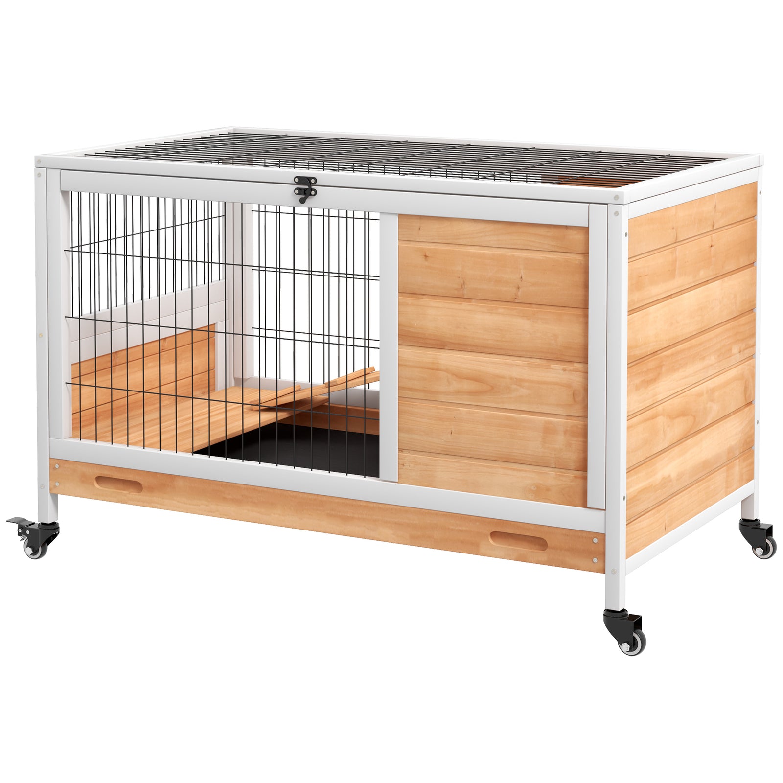 Wood Indoor Rabbit Hutch Elevated 2-floor Guineas Pigs Cage W/ Wheels | Yellow