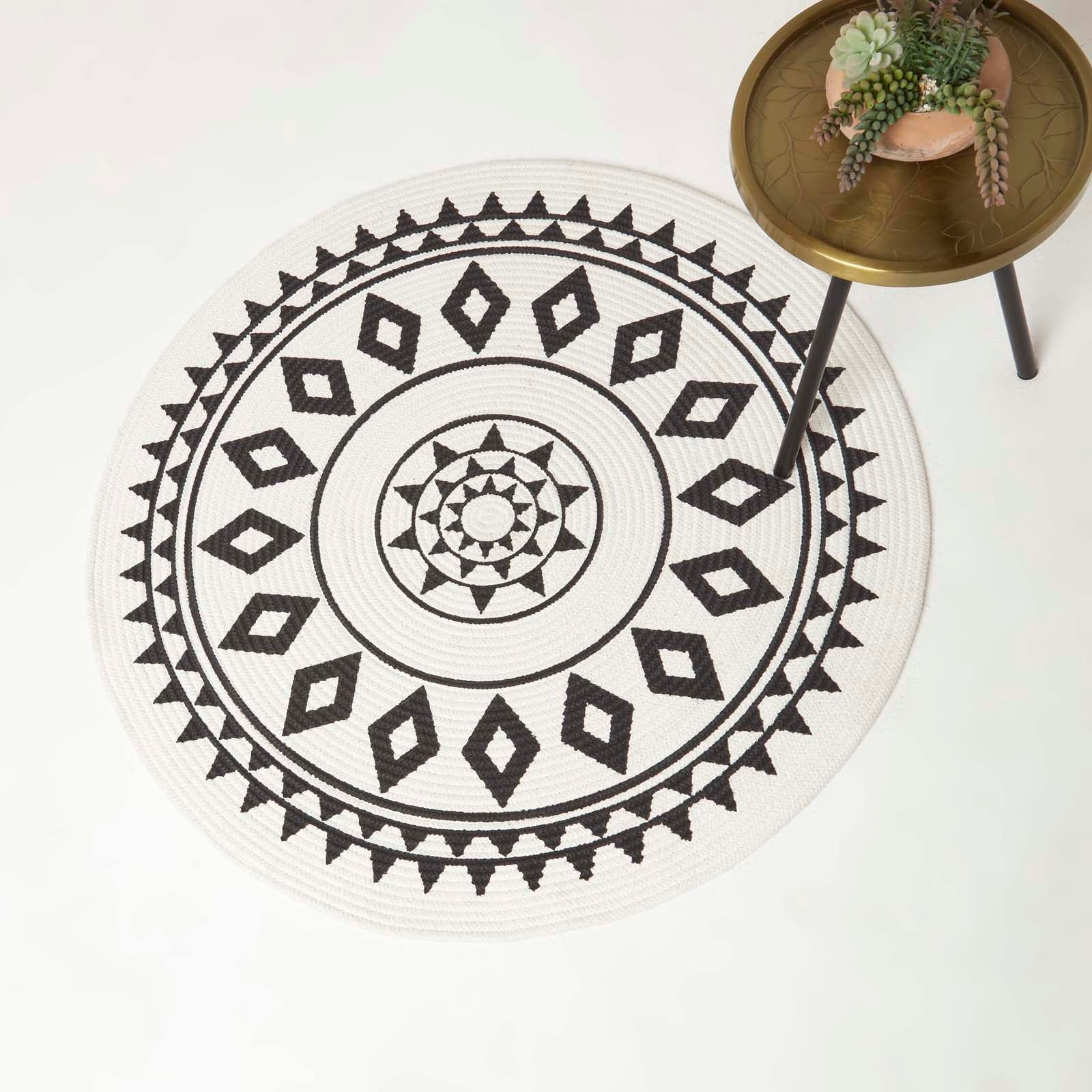 Lia White & Black Mandala Handoven Cotton Rug Round | 90cm | Black & White