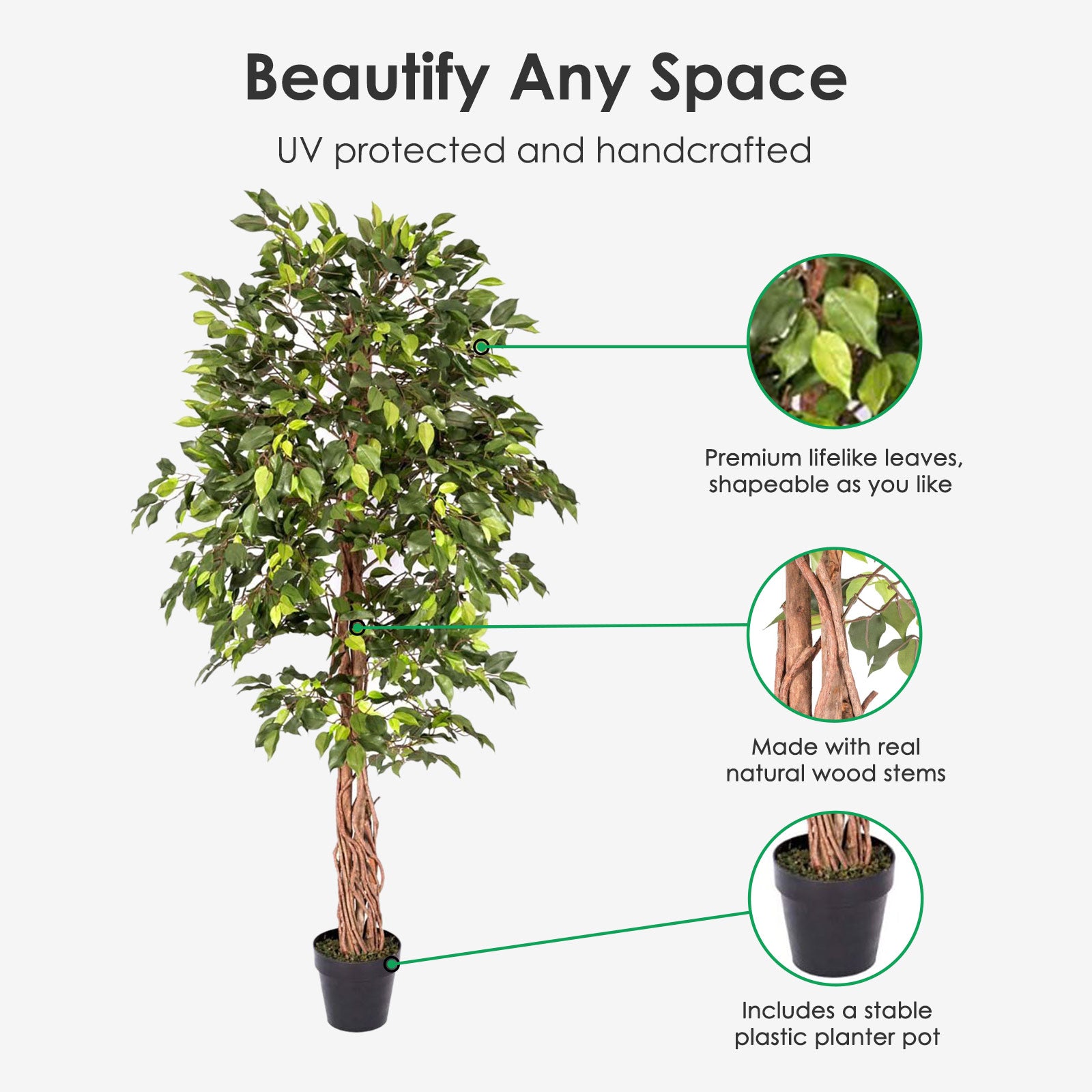 Artificial Handcrafted Ficus Tree With Real Wood Trunk | 6ft | Green