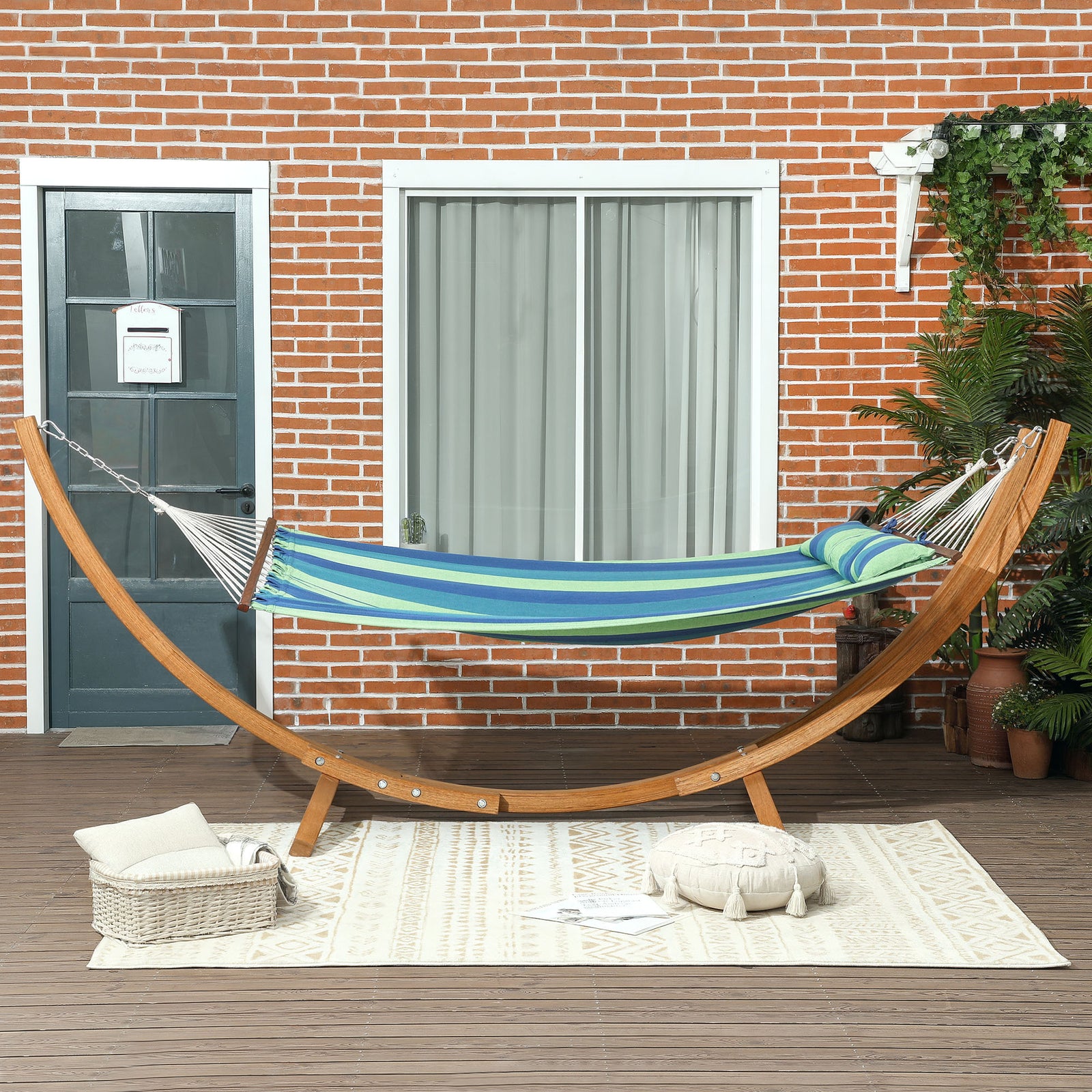 Outdoor Hammock W/ Wooden Stand, Blue
