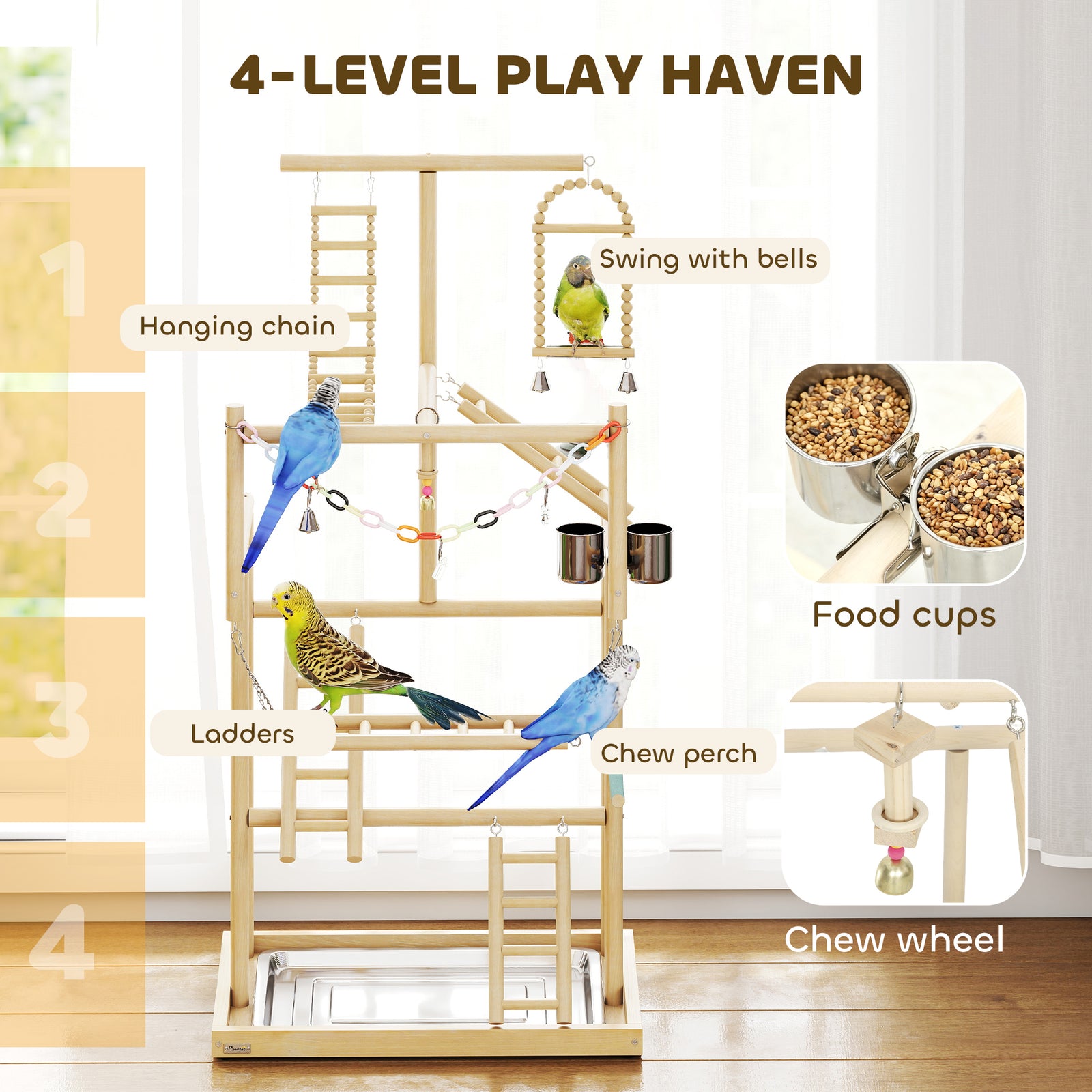PawHut Wooden Bird Playground With Ladders, Chain Toy, Steel Cups And Tray