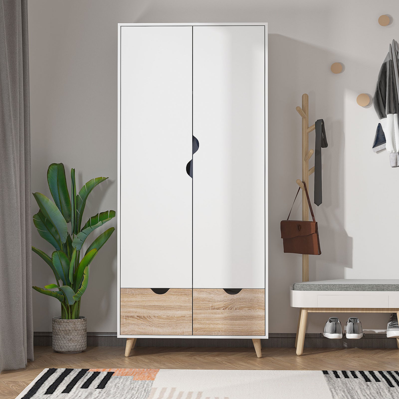 2-door Clothes Wardrobe W/ Rail Shelf 2 Storage Drawers