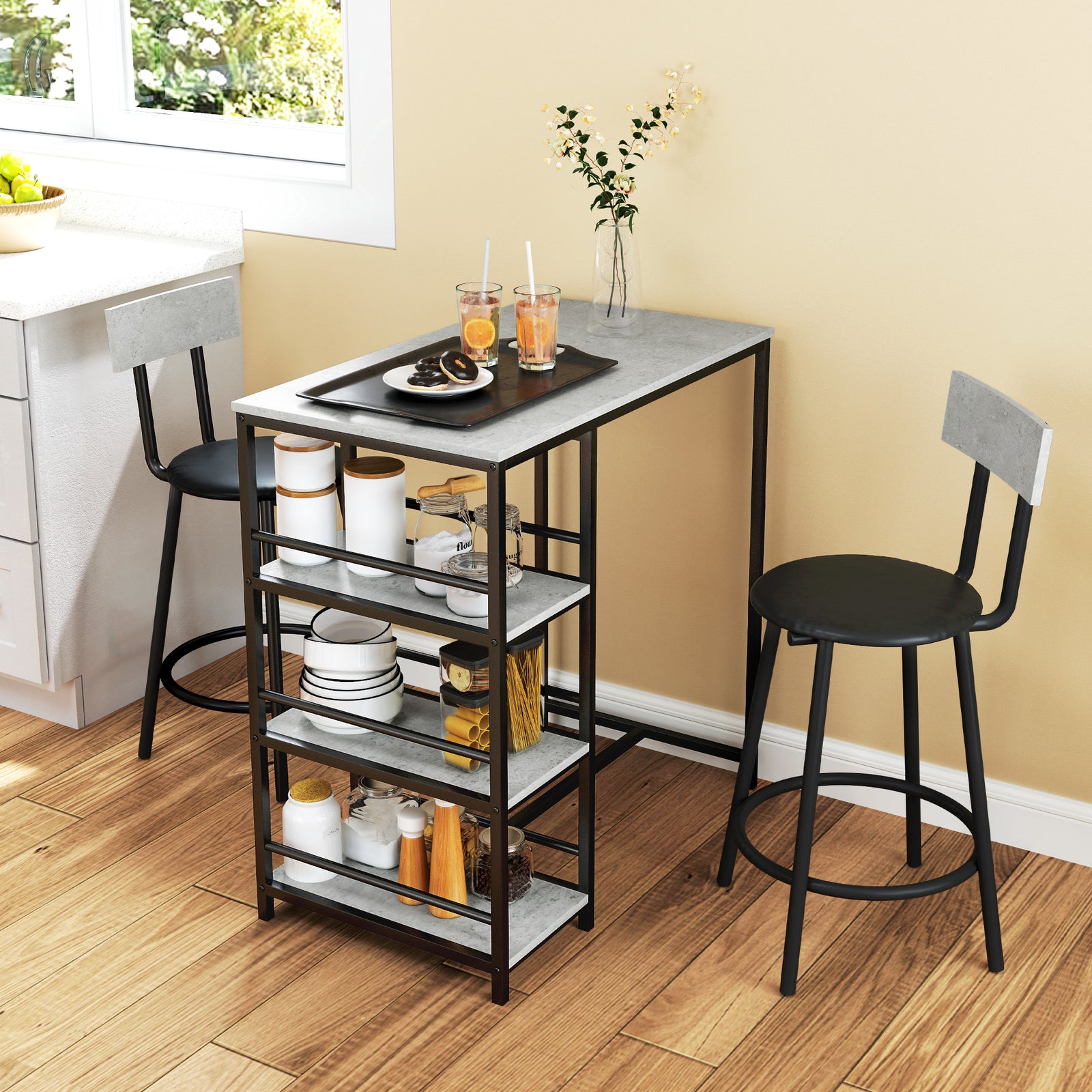 3 Piece Breakfast Bar Table Set With Storage Shelves, Light Grey